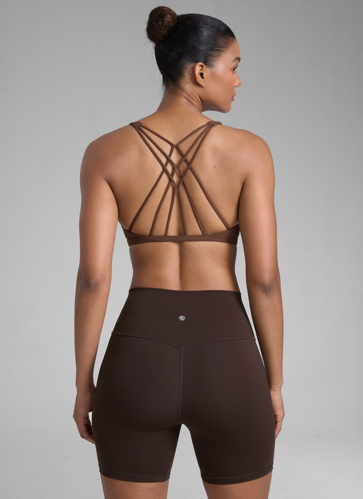 CRZ YOGA Women's Yoga Train Light Support Nakedfeel Strappy Bra Coffee Brown