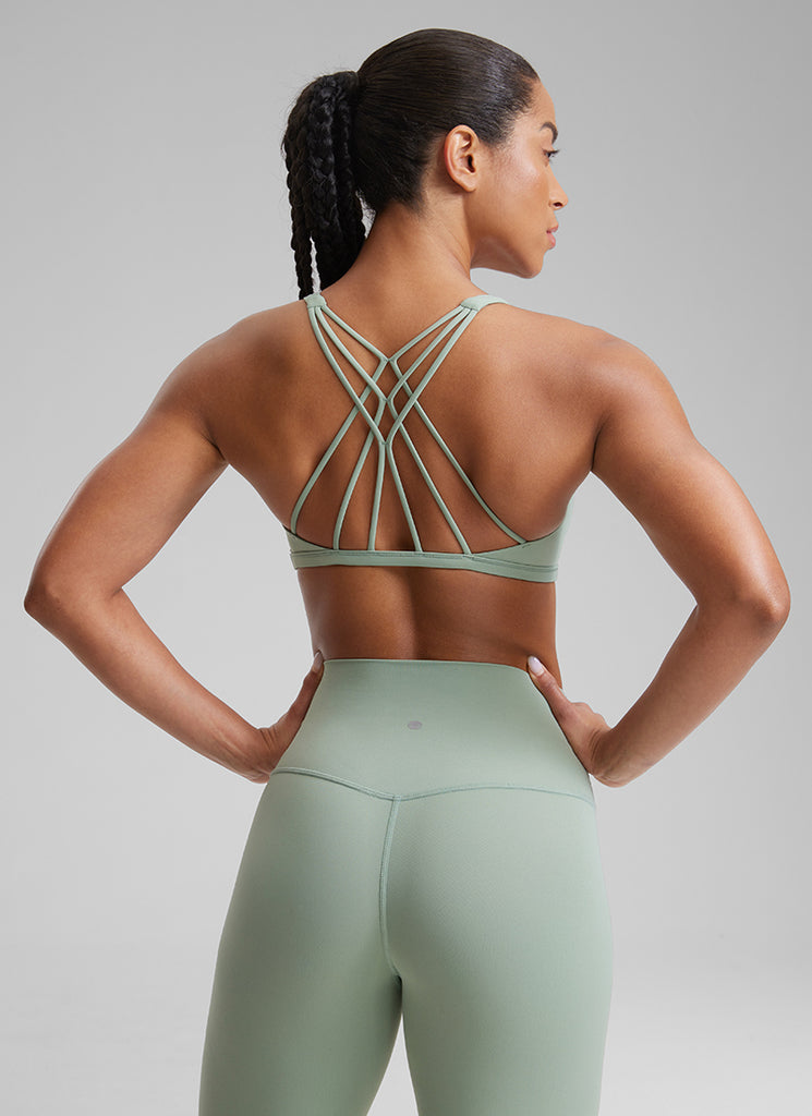 CRZ YOGA Women's Yoga Train Light Support Nakedfeel Strappy Bra Green Palm Court