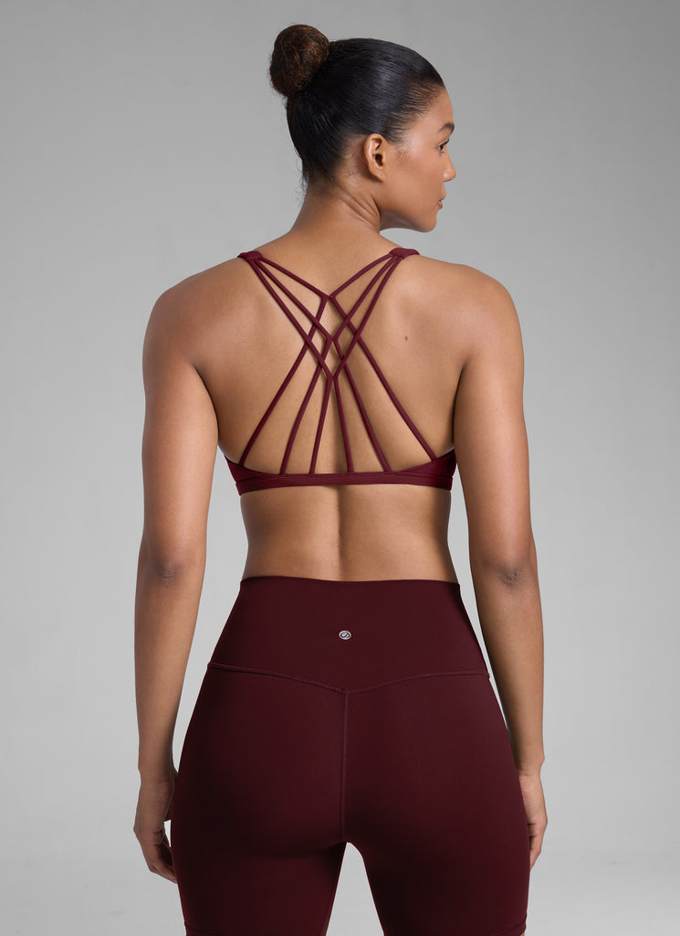 CRZ YOGA Women's Yoga Train Light Support Nakedfeel Strappy Bra Red Merlot