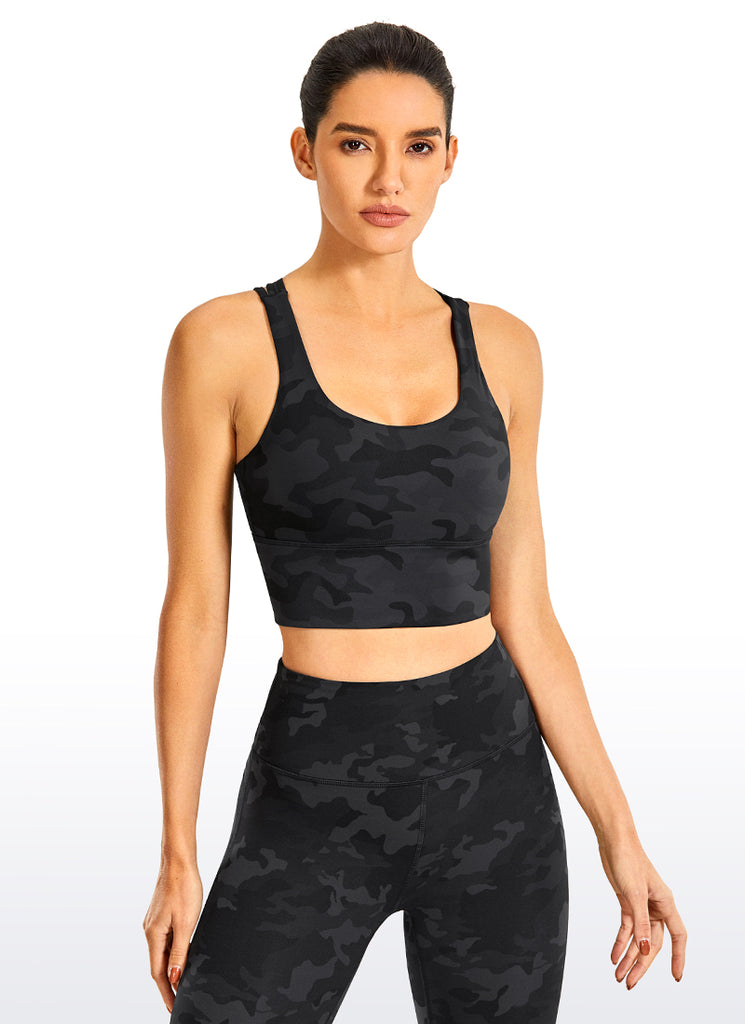 CRZ YOGA Women's Train Medium Support Nakedfeel Longline Bra Strappy Camouflage -Black