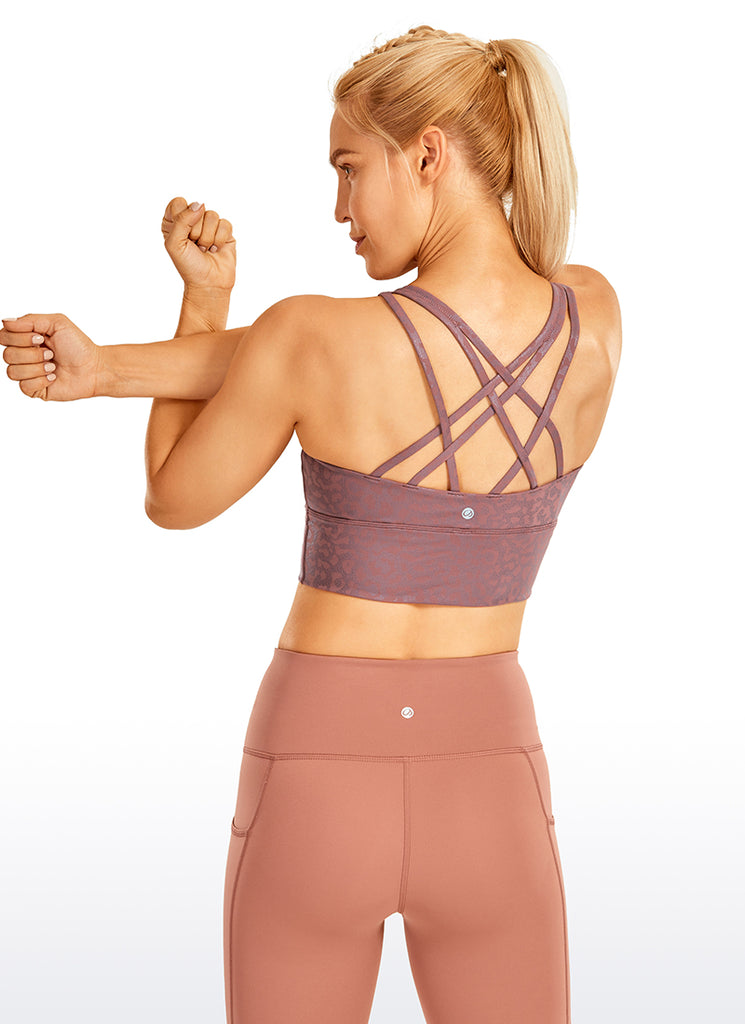 CRZ YOGA Women's Train Medium Support Nakedfeel Longline Bra Strappy Dark grey camouflage