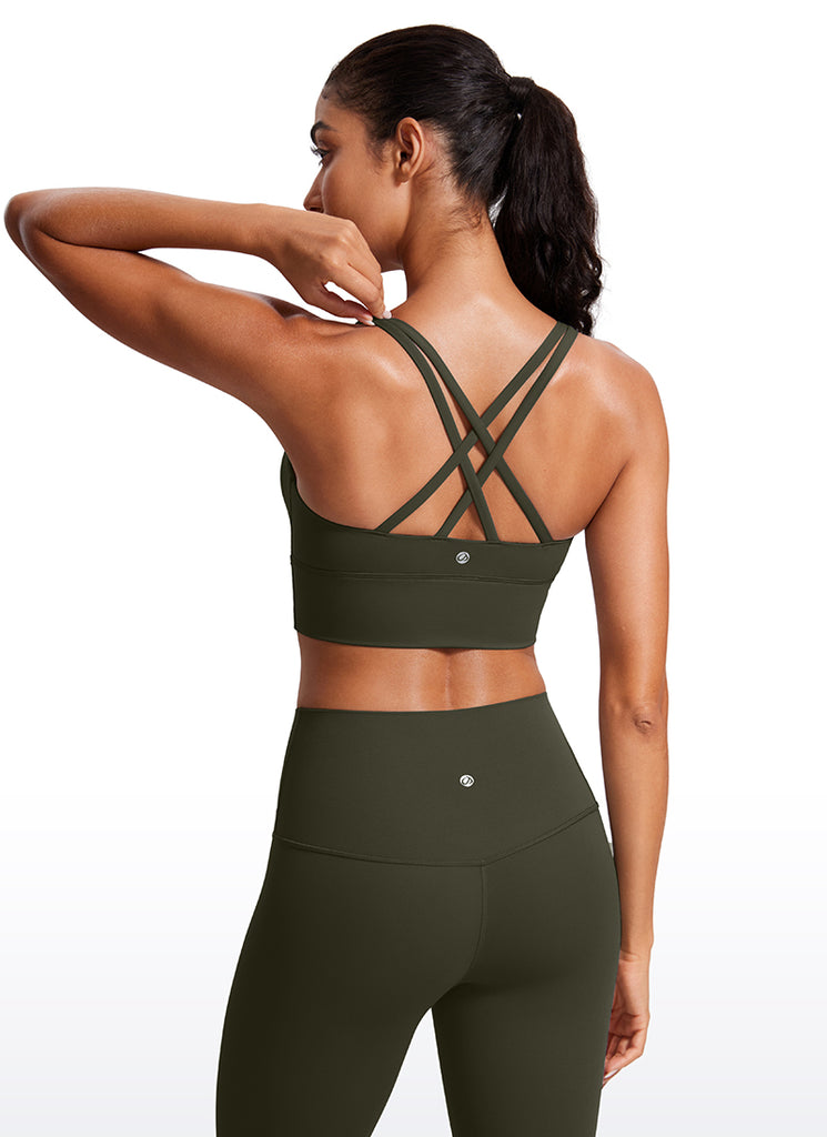 CRZ YOGA Womens Strappy Longline Nakedfeel Training Sports Bra Olive Green