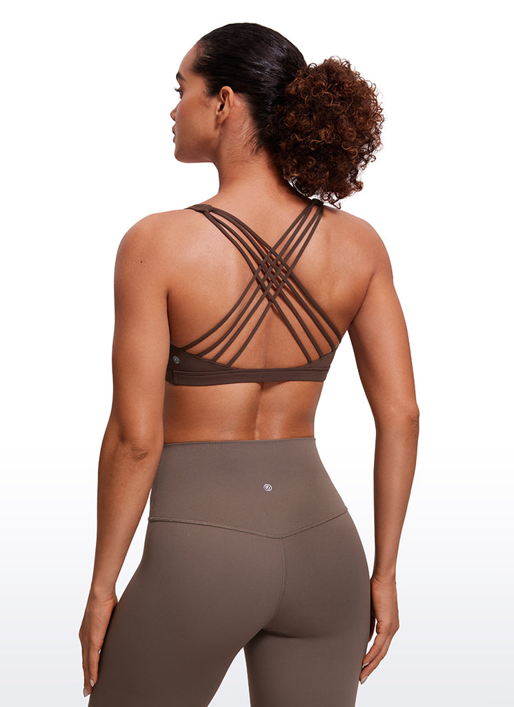 CRZ YOGA Women's Yoga Light Support Nakedfeel Strappy Bra Low Cut Taupe