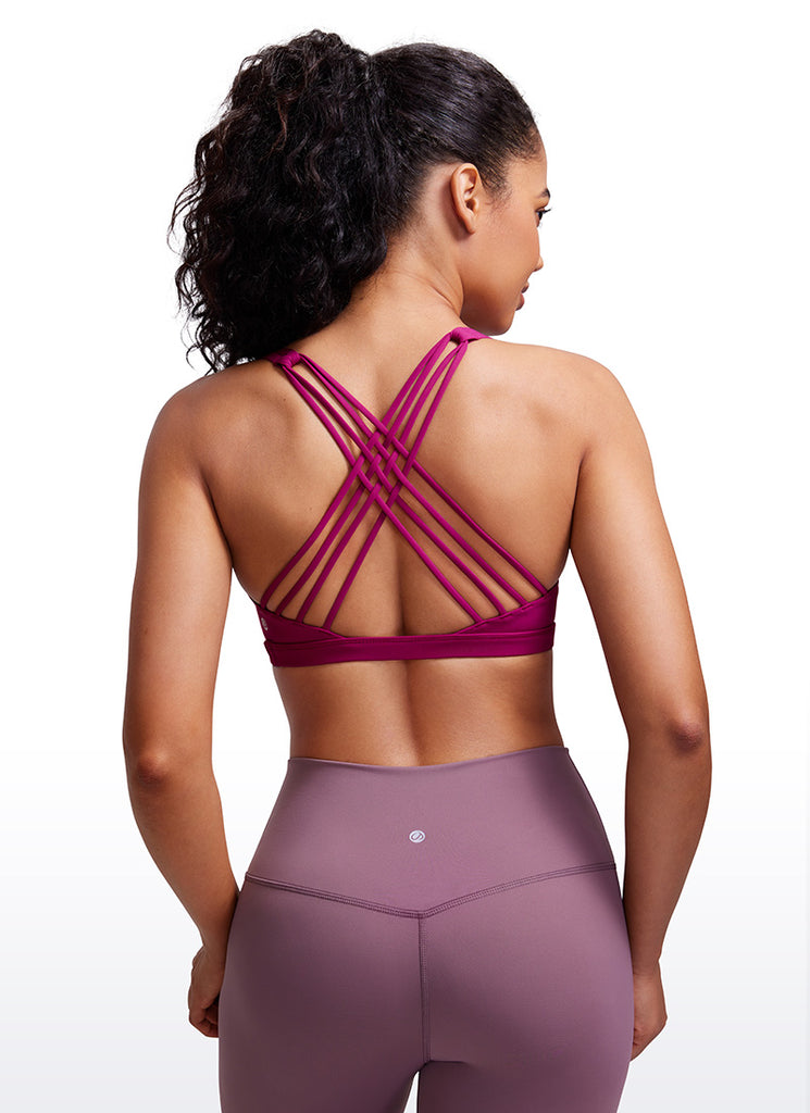 CRZ YOGA Women's Yoga Light Support Nakedfeel Strappy Bra Low Cut Magenta Purple