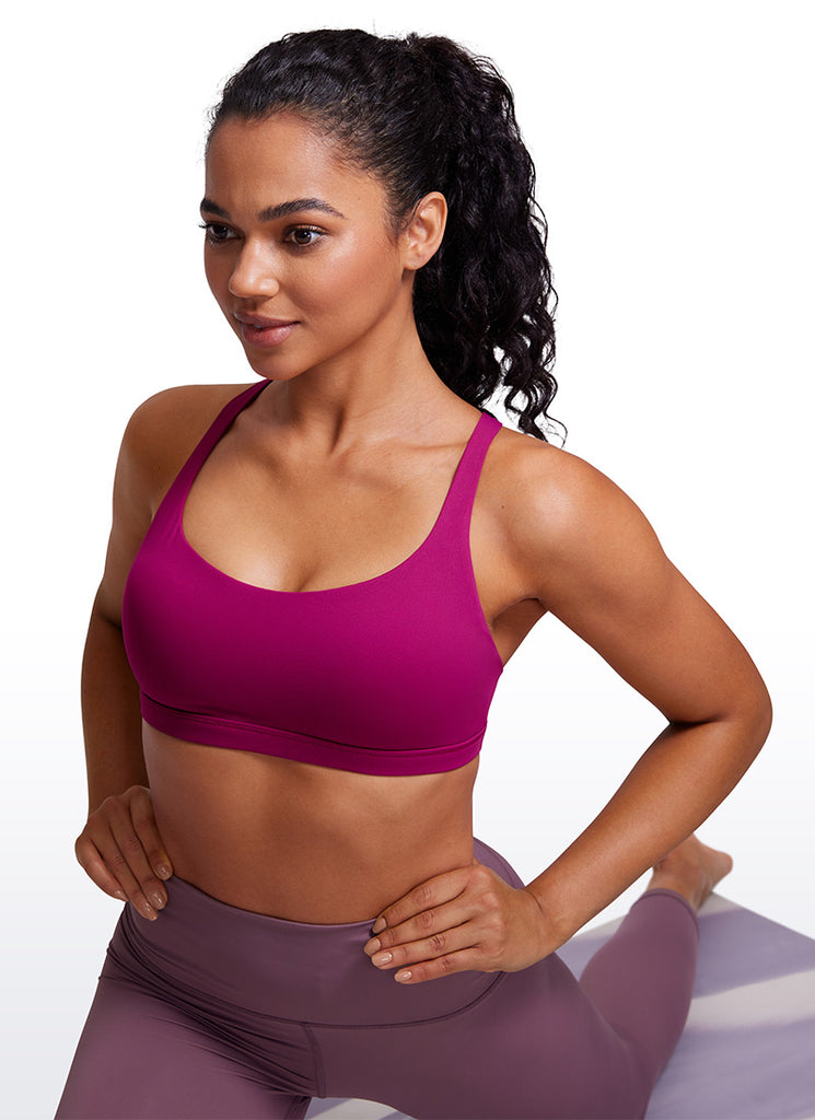 CRZ YOGA Women's Yoga Light Support Nakedfeel Strappy Bra Low Cut Magenta Purple
