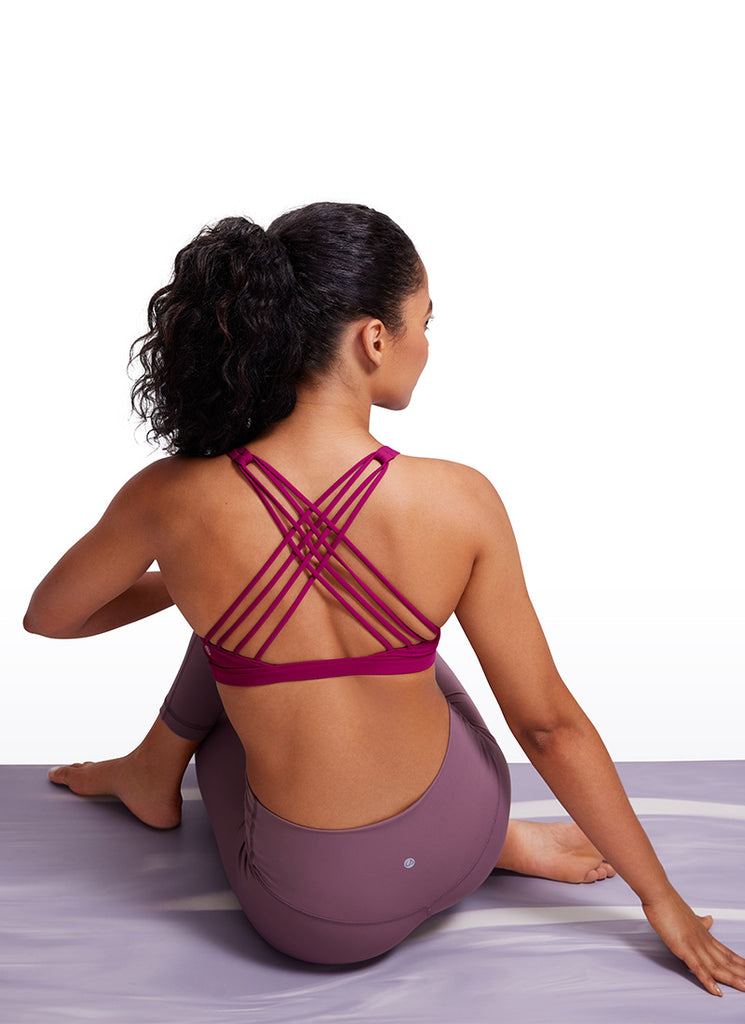 CRZ YOGA Women's Yoga Light Support Nakedfeel Strappy Bra Low Cut Magenta Purple