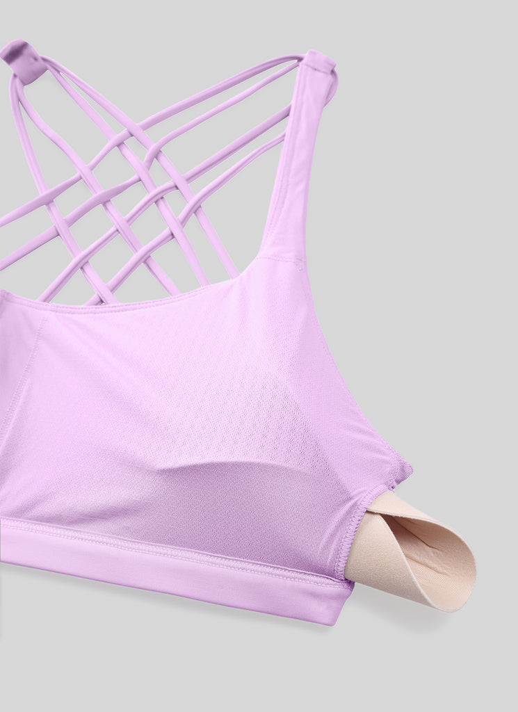 CRZ YOGA Women's Yoga Light Support Nakedfeel Strappy Bra Low Cut Lilac