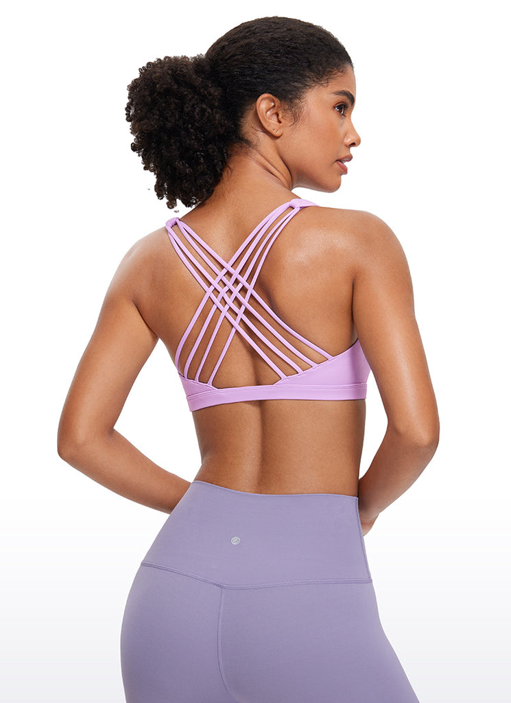 CRZ YOGA Women's Yoga Light Support Nakedfeel Strappy Bra Low Cut Lilac