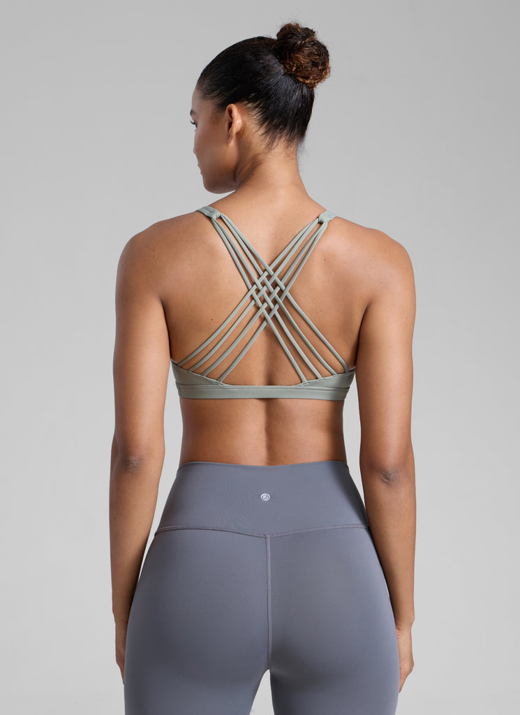 CRZ YOGA Women's Yoga Light Support Nakedfeel Strappy Bra Low Cut Melanite