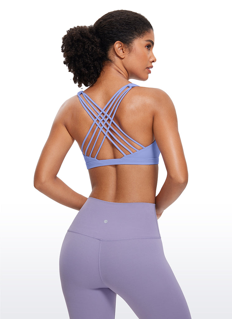 CRZ YOGA Women's Yoga Light Support Nakedfeel Strappy Bra Low Cut Periwinkle Purple