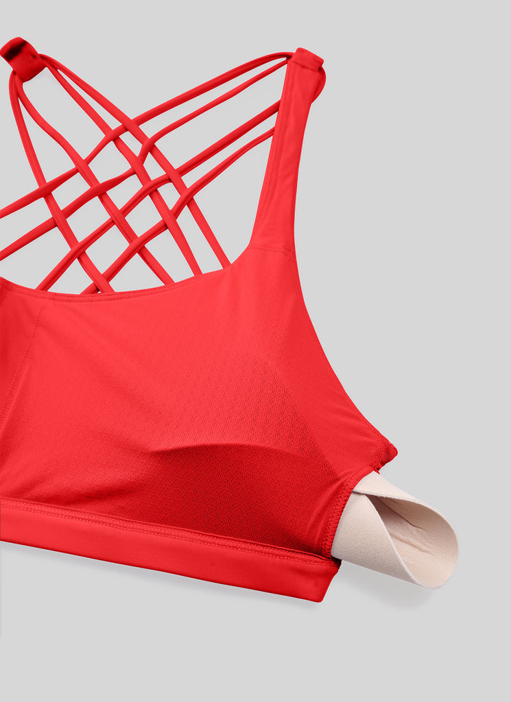 CRZ YOGA Women's Yoga Light Support Nakedfeel Strappy Bra Low Cut Deep Red