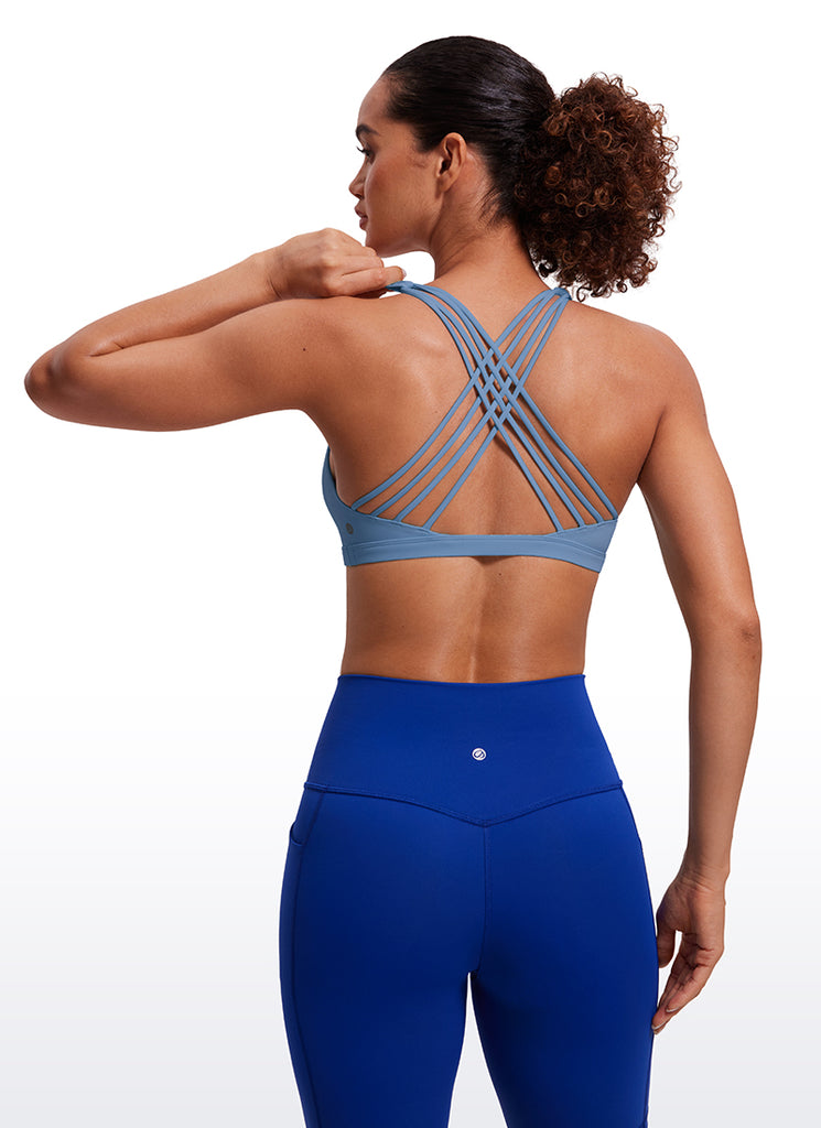 CRZ YOGA Women's Yoga Light Support Nakedfeel Strappy Bra Low Cut Oasis Blue