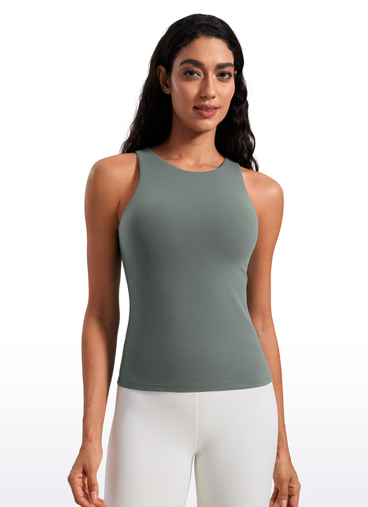 CRZ YOGA Women's Butterluxe Built-in Bra High Neck Racerback Tank Grey Sage