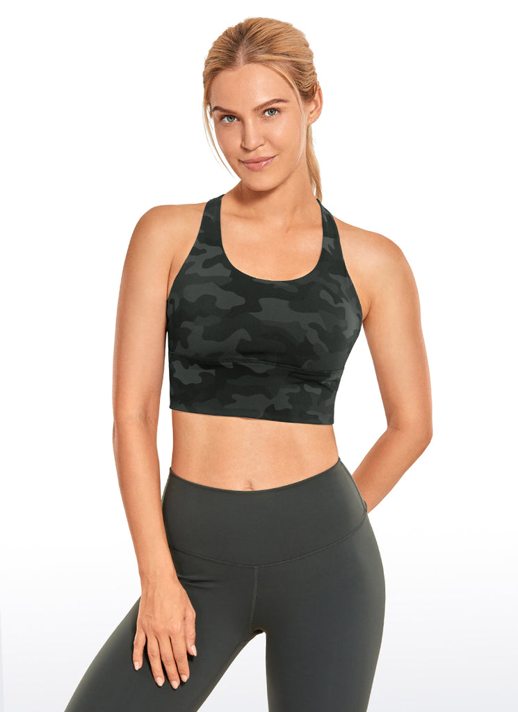 CRZ YOGA Women's Train Medium Support Nakedfeel Longline Bra Strappy Olive leopard grain