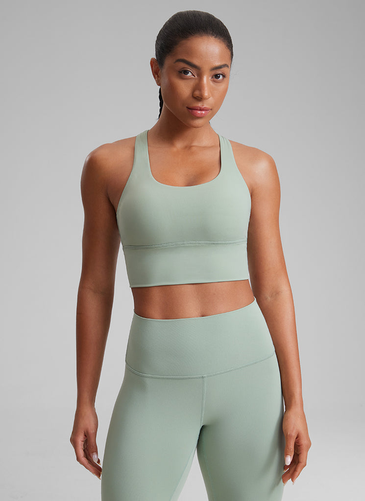 CRZ YOGA Women's Train Medium Support Nakedfeel Longline Bra Strappy Green Palm Court