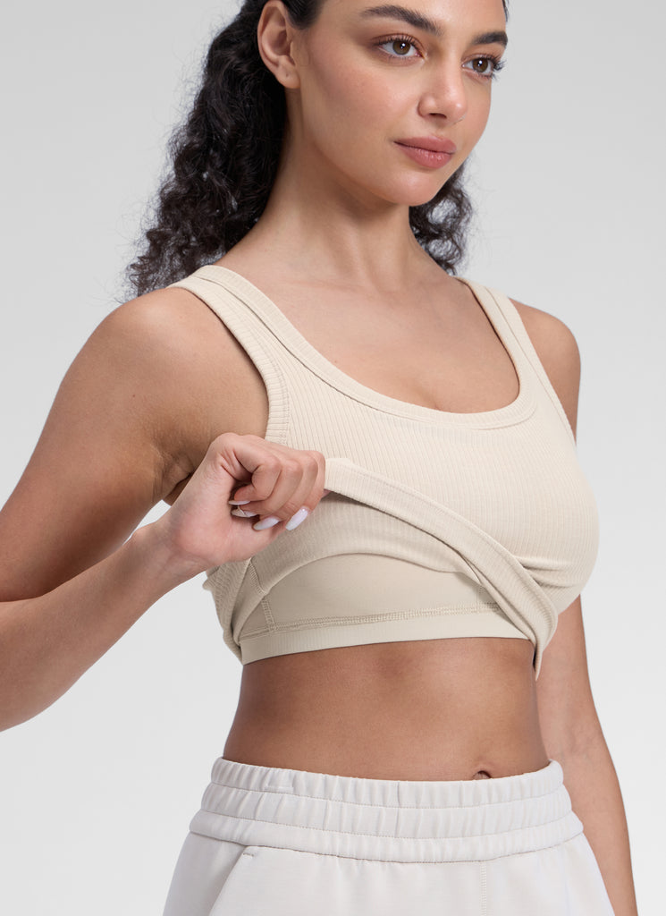 CRZ YOGA Women Longline U Neck Medium Impact Ribbed Sports Bras Mojave Tan