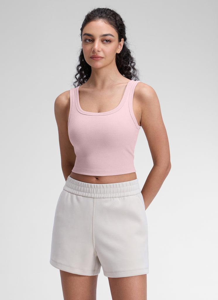 CRZ YOGA Women Longline U Neck Medium Impact Ribbed Sports Bras Granita Pink