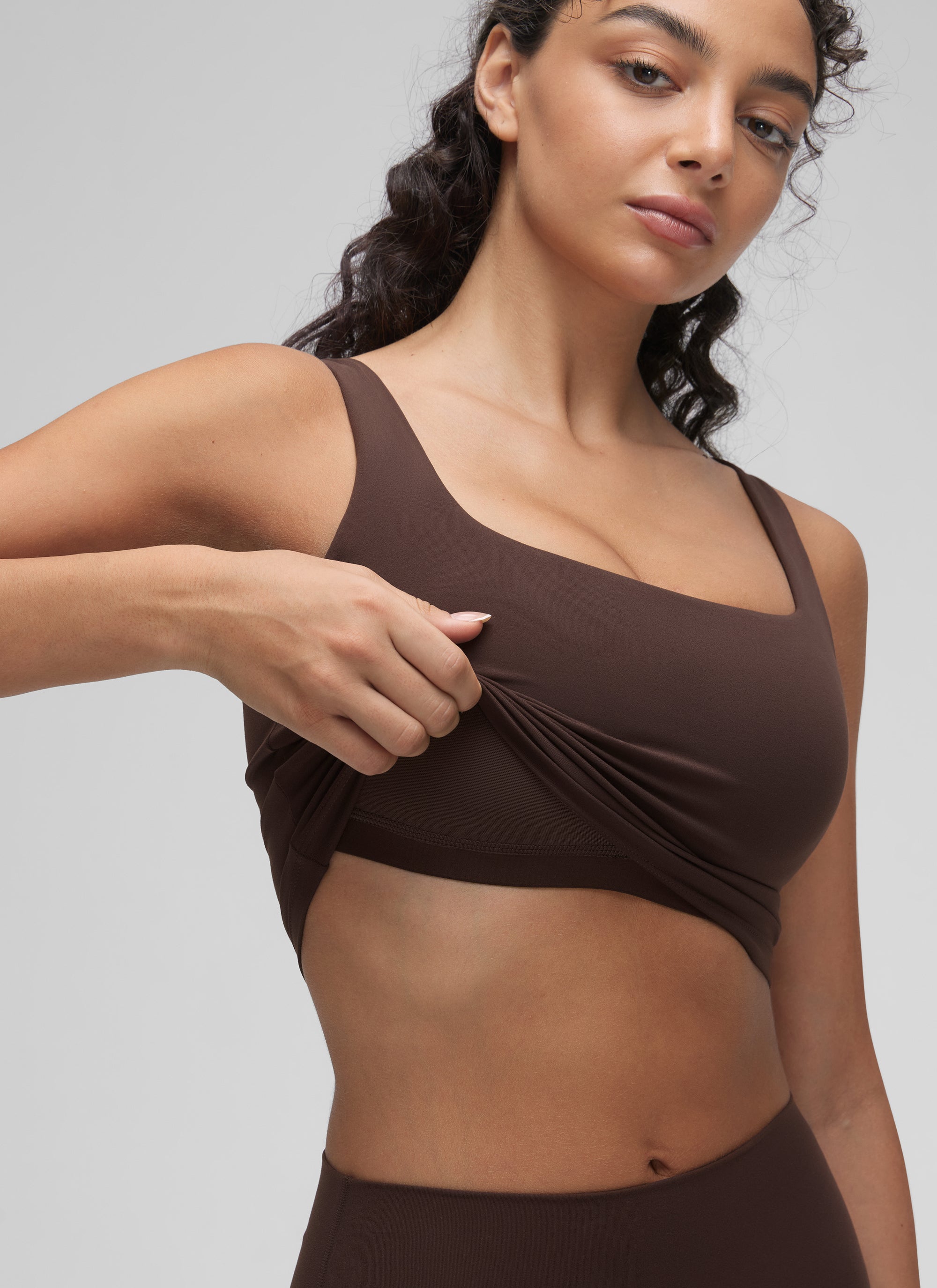 CRZ YOGA Women's Yoga Low Impact Butterluxe Longline Bra Square Neck Hot Fudge Brown