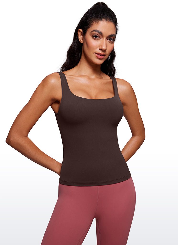 CRZ YOGA Women's SlimFit Tops Butterluxe Built-in Bra U Neck Tanks Hot Fudge Brown