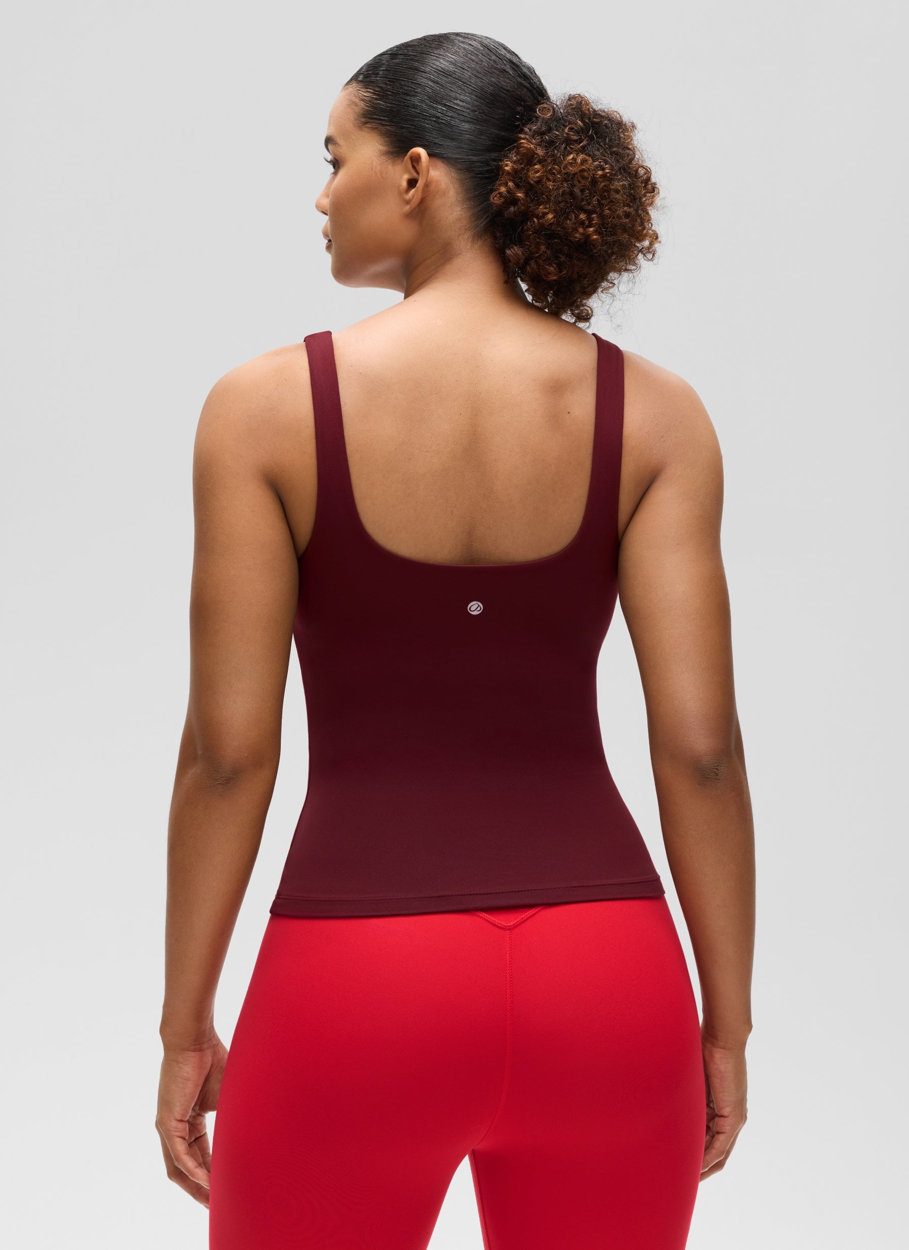 CRZ YOGA Women's SlimFit Tops Butterluxe Built-in Bra U Neck Tanks Red Merlot @model_info:Barbara