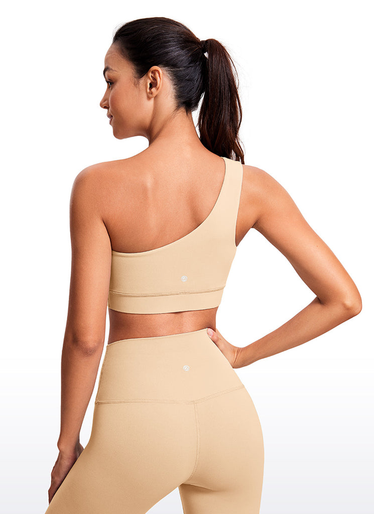 CRZ YOGA Butterluxe Womens One Shoulder Sports Bra Asymmetrical Padded Tan Milkshake