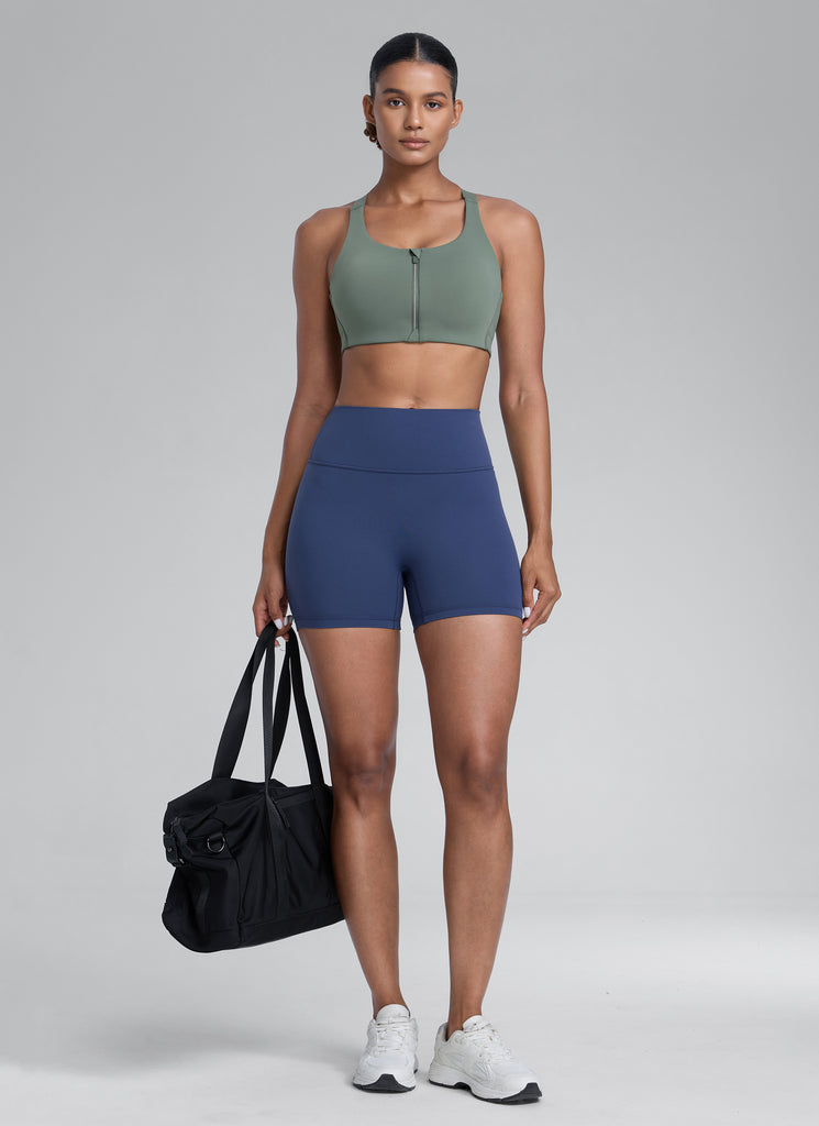 CRZ YOGA Womens Zip Front High Impact Sport Bra with Adjustable Straps White