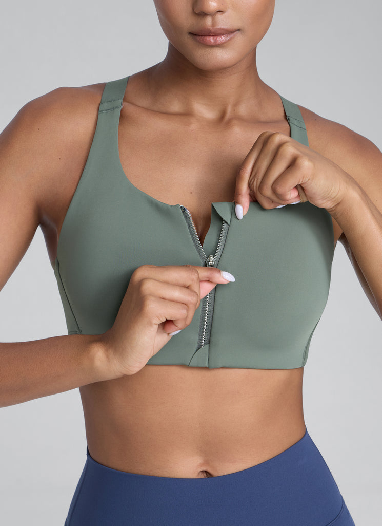 CRZ YOGA Womens Zip Front High Impact Sport Bra with Adjustable Straps White