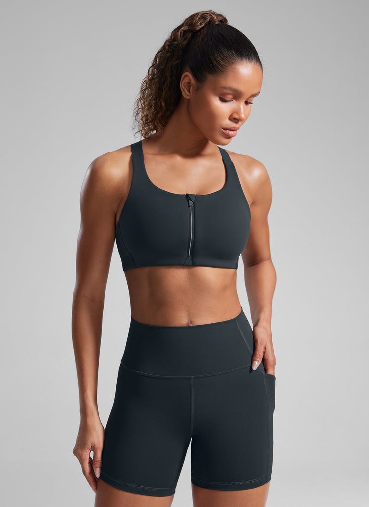 CRZ YOGA Womens Zip Front High Impact Sport Bra with Adjustable Straps True Navy