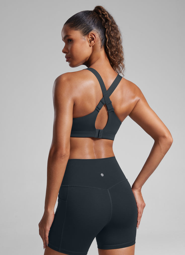 CRZ YOGA Womens Zip Front High Impact Sport Bra with Adjustable Straps True Navy