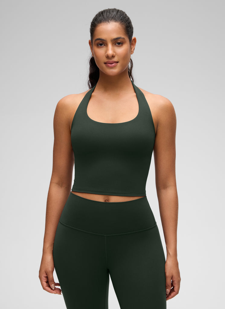CRZ YOGA Womens Butterluxe Halter Longline Sports Bra Crop Tank Tops Legend Green