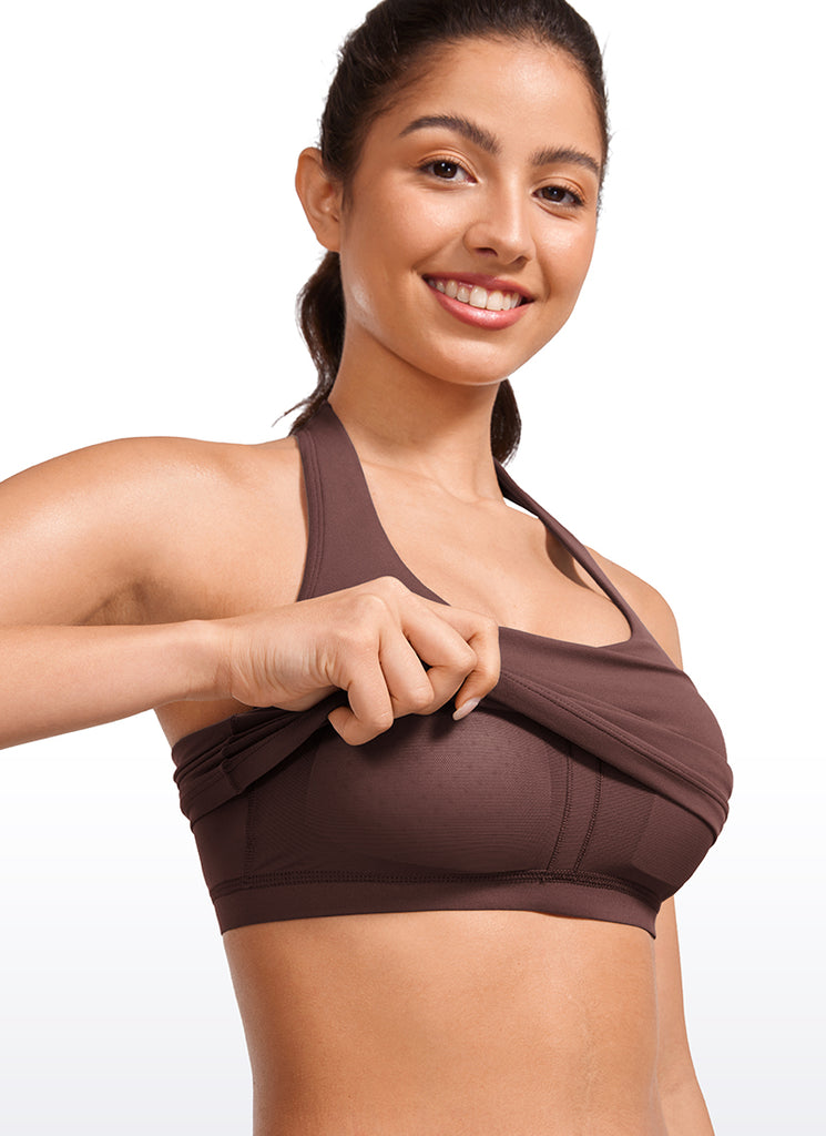 CRZ YOGA Womens Butterluxe Halter Longline Sports Bra Crop Tank Tops Taupe