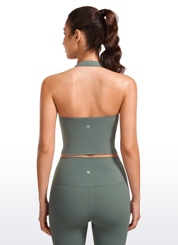 CRZ YOGA Womens Butterluxe Halter Longline Sports Bra Crop Tank Tops Grey Sage