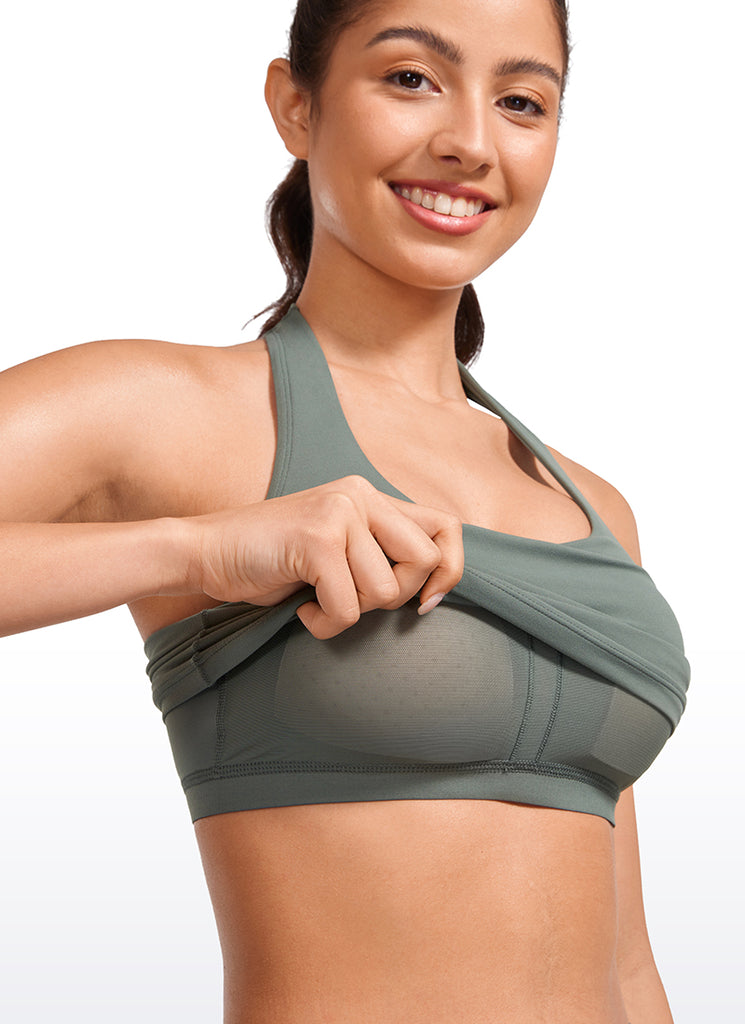 CRZ YOGA Womens Butterluxe Halter Longline Sports Bra Crop Tank Tops Grey Sage