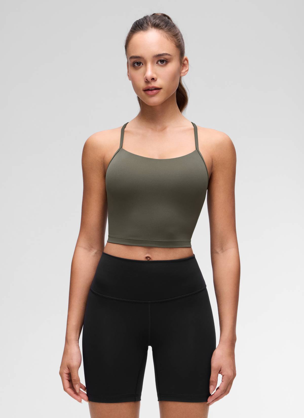 CRZ YOGA Womens Butterluxe Y Back Longline Sports Bras Crop Tank Top ירוק זית בהיר