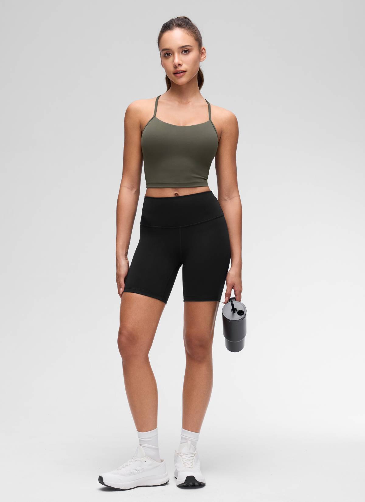 CRZ YOGA Womens Butterluxe Y Back Longline Sports Bras Crop Tank Top ירוק זית בהיר
