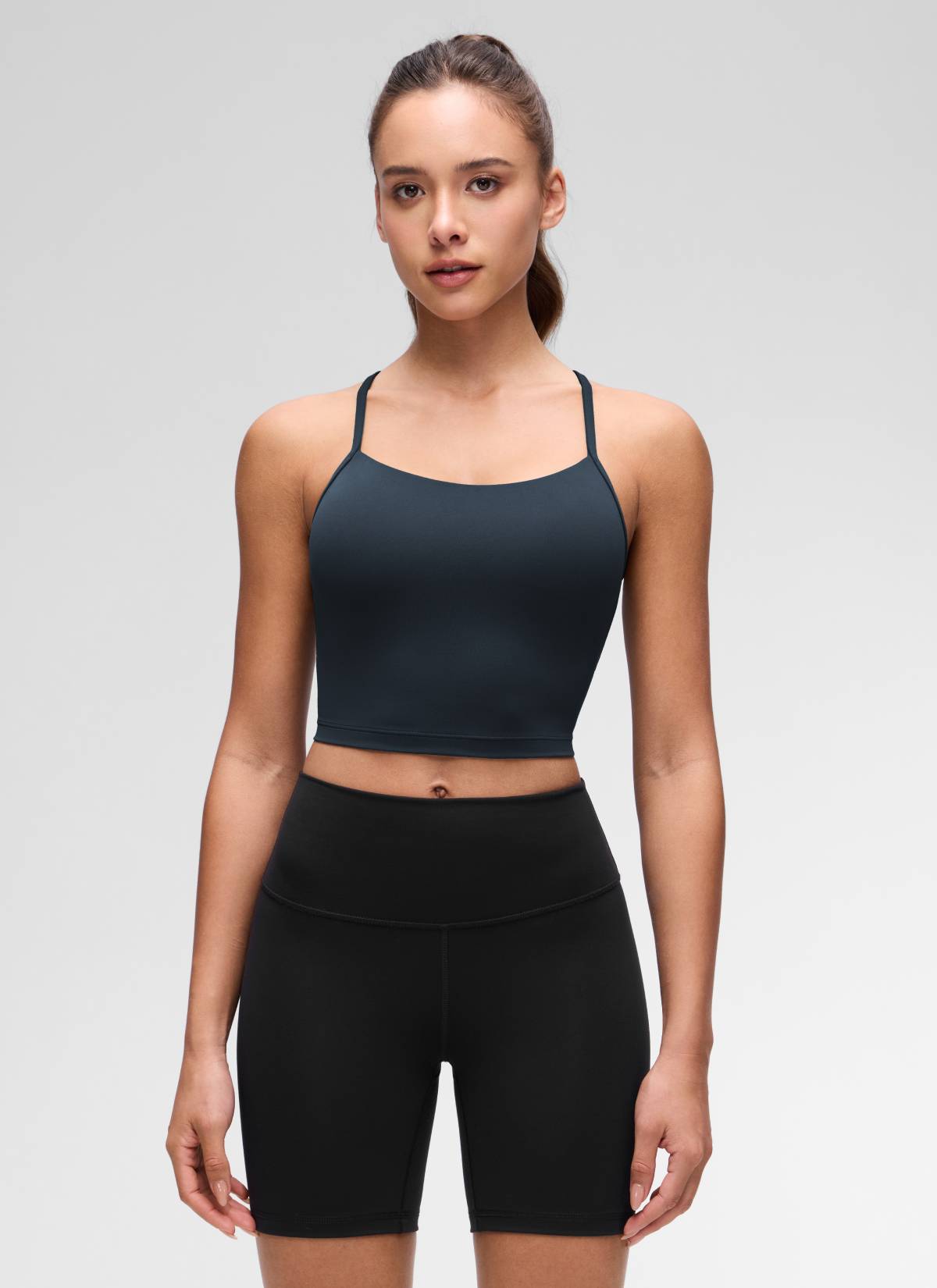 CRZ YOGA Womens Butterluxe Y Back Longline Sports Bras Crop Tank Top כחול נייבי