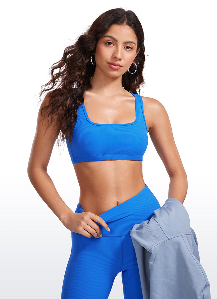 CRZ YOGA Women Ribbed Square Neck Cami Padded Mini Bra Sparkle Blue