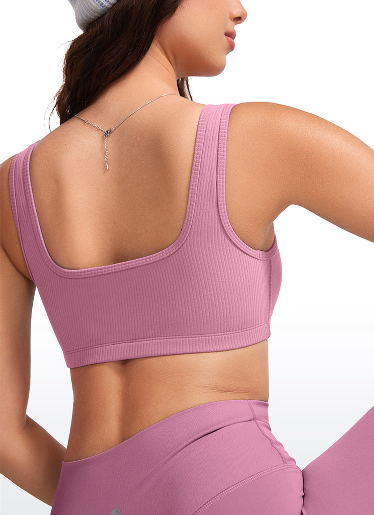 CRZ YOGA Women Ribbed Square Neck Cami Padded Mini Bra Green Jade