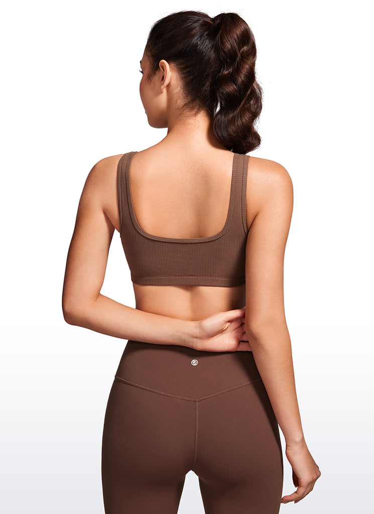 CRZ YOGA Women Ribbed Square Neck Cami Padded Mini Bra Coffee Brown