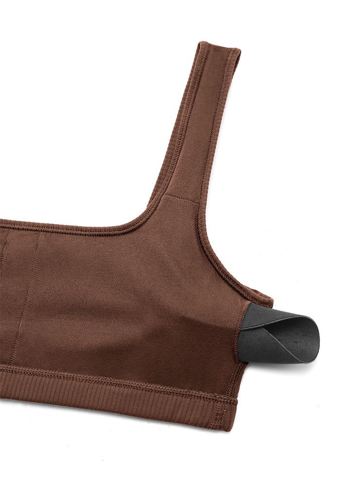 CRZ YOGA Women Ribbed Square Neck Cami Padded Mini Bra Coffee Brown