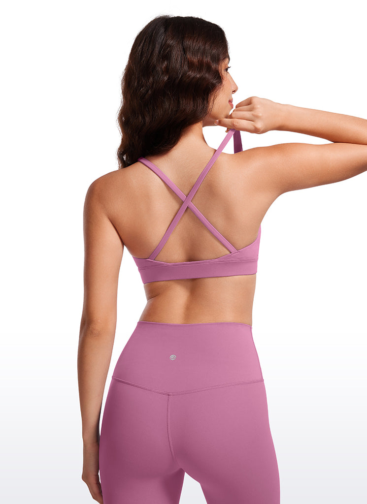 CRZ YOGA Women's Light Support Butterluxe Yoga Bra Strappy back V Neck Neon Orange