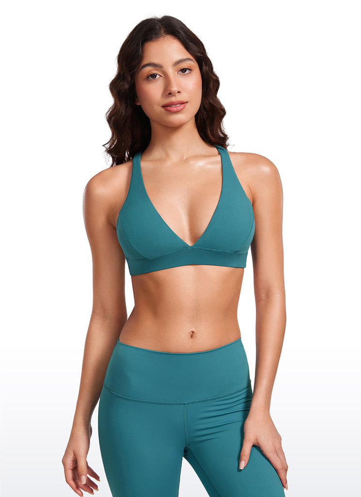CRZ YOGA Women's Light Support Butterluxe Yoga Bra Strappy back V Neck Sparkle Blue