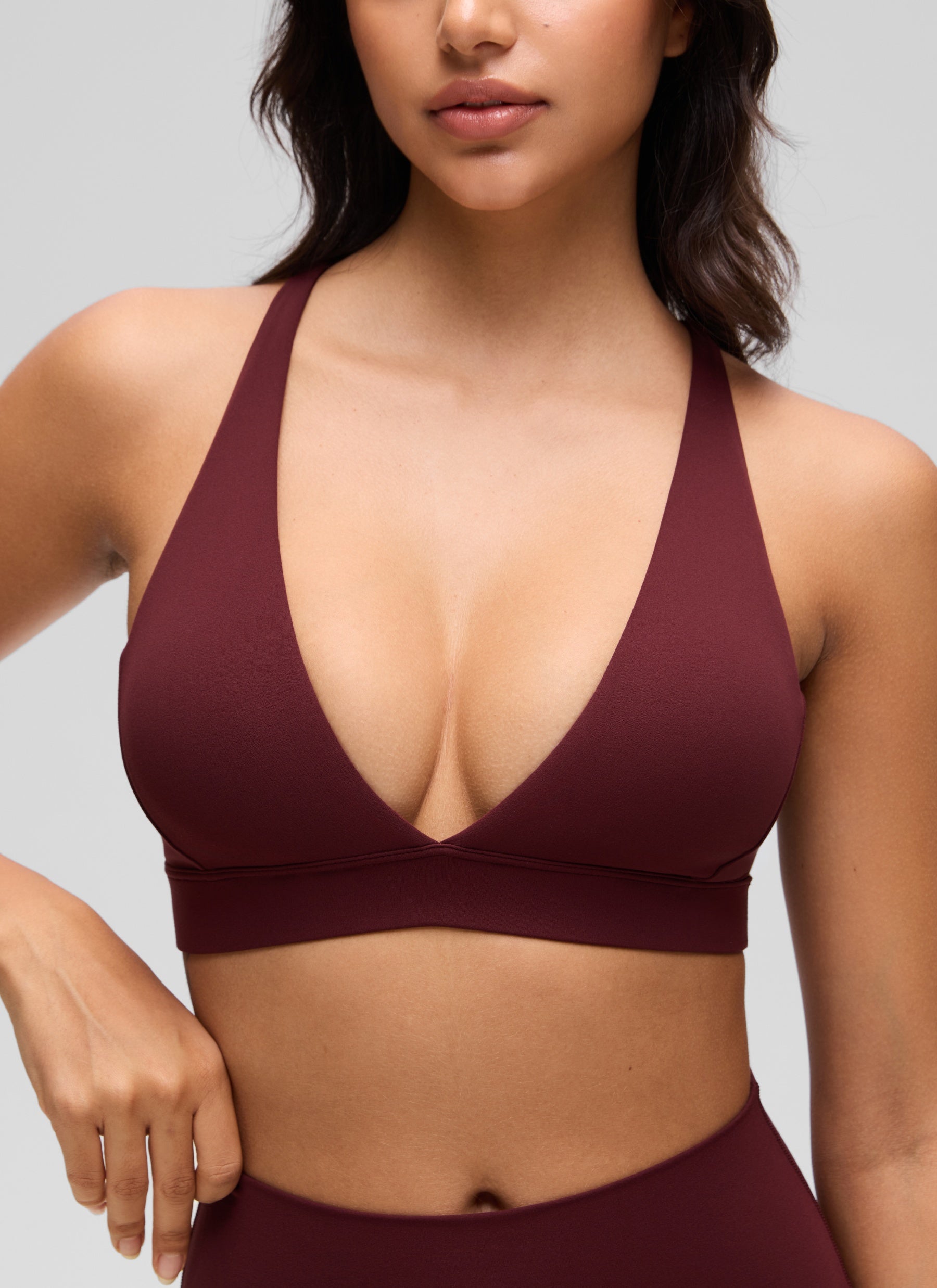 CRZ YOGA Women's Light Support Butterluxe Yoga Bra Strappy back V Neck Red Merlot @model_info:Liss
