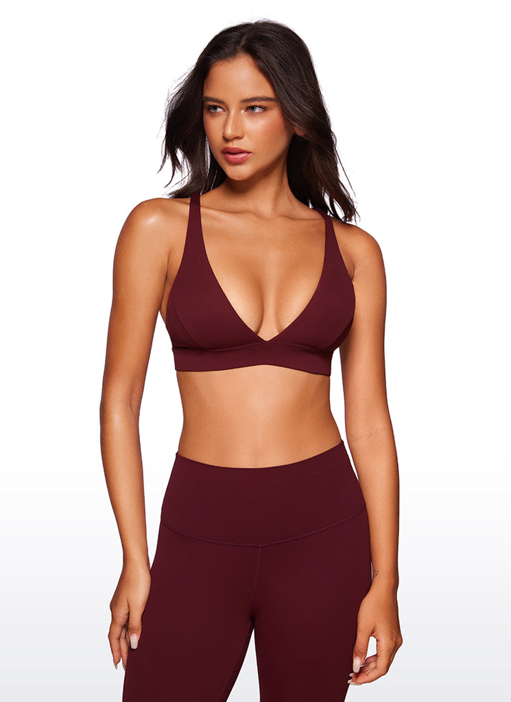 CRZ YOGA Women's Light Support Butterluxe Yoga Bra Strappy back V Neck Red Merlot