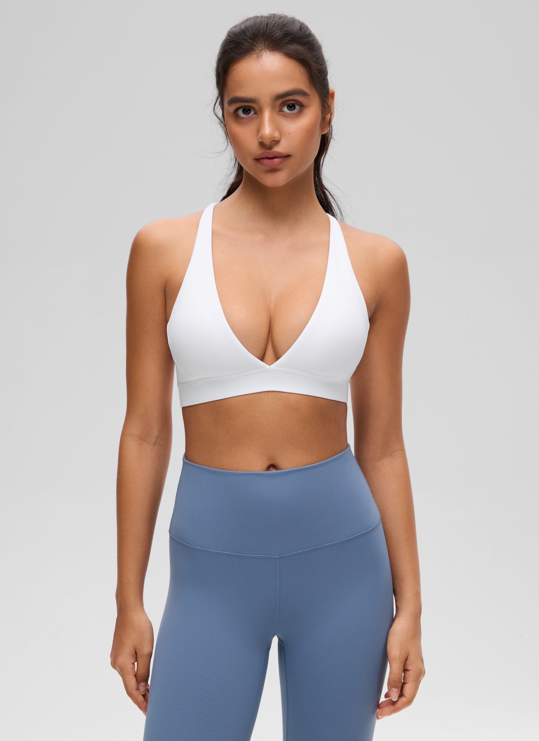 CRZ YOGA Women's Light Support Butterluxe Yoga Bra Strappy back V Neck White @model_info:Liss