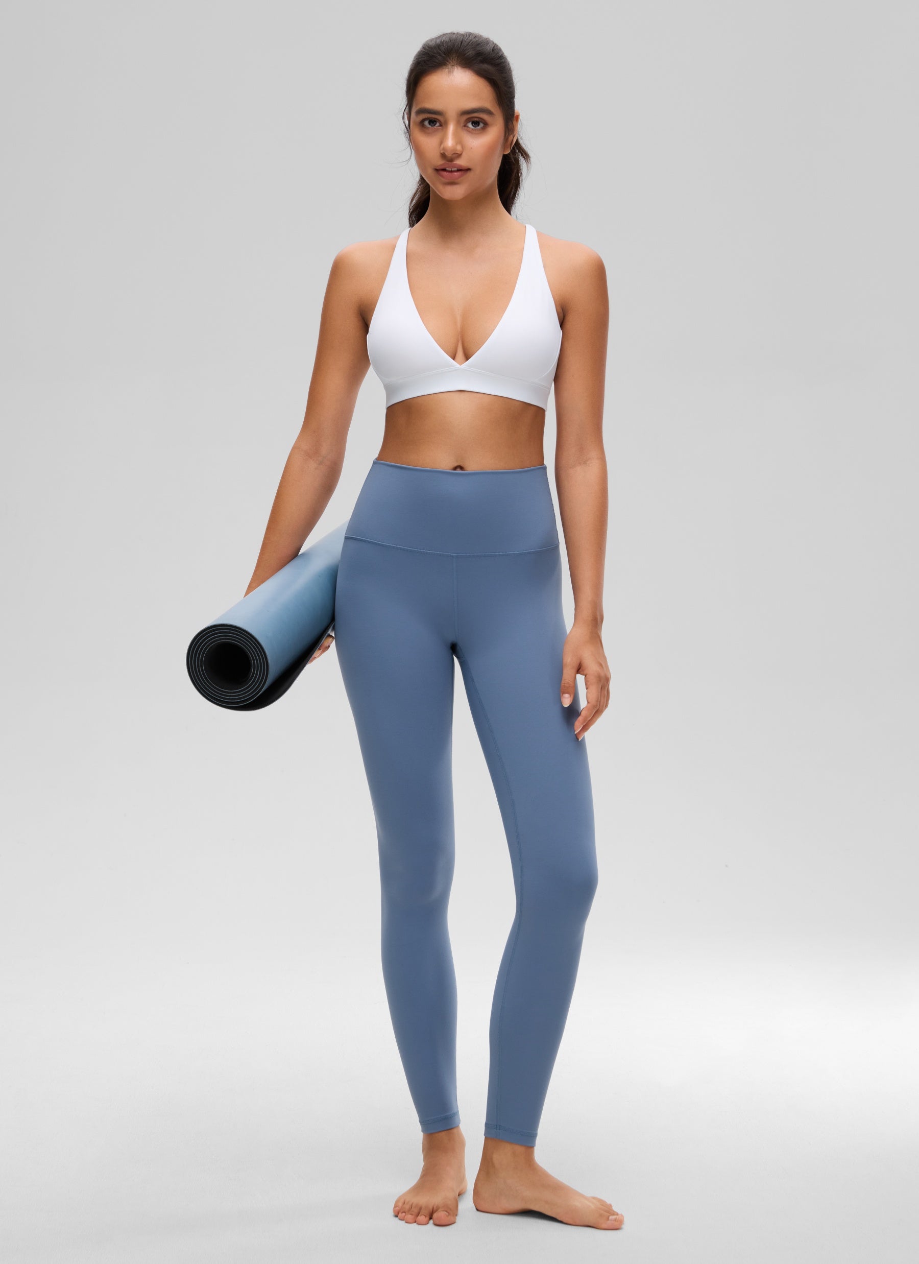 CRZ YOGA Women's Light Support Butterluxe Yoga Bra Strappy back V Neck White @model_info:Liss