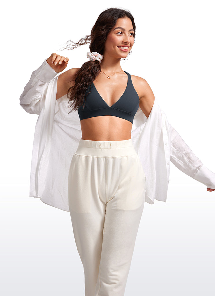 CRZ YOGA Women's Light Support Butterluxe Yoga Bra Strappy back V Neck White