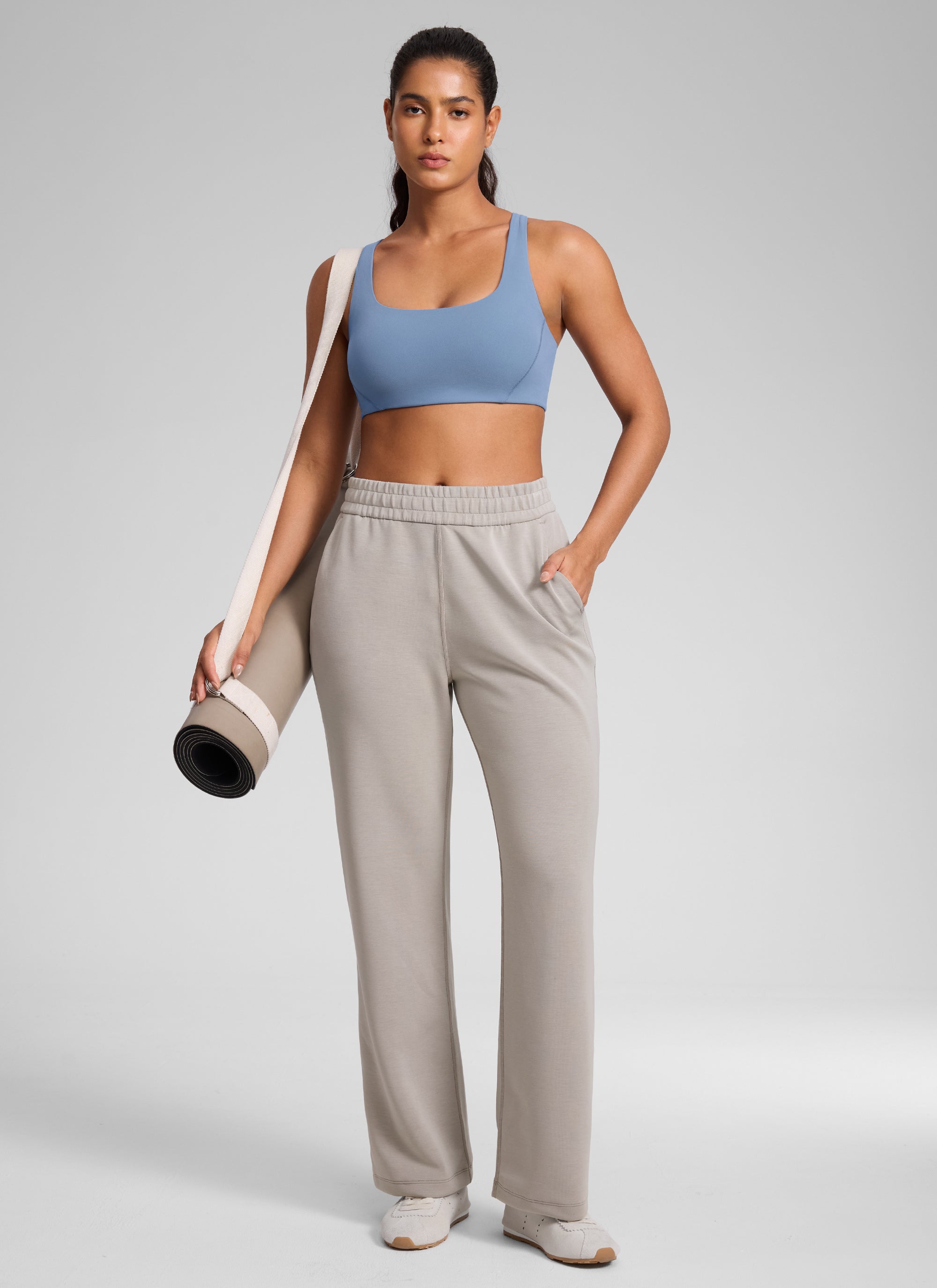 CRZ YOGA Womens Butterlift Double Lined Square Neck Yoga Sports Bra Washed Denim