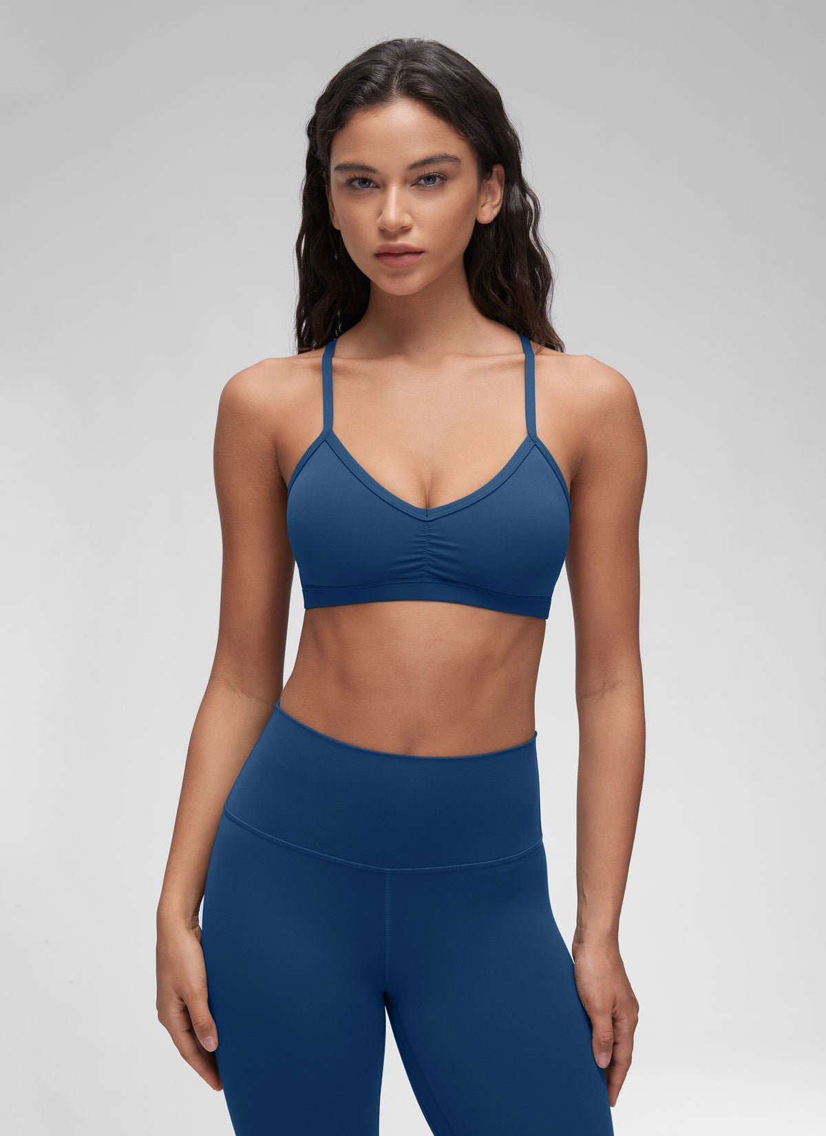 CRZ YOGA Butterluxe Womens Ruched V Neck Yoga Padded Sports Bra French Navy @model_info:Winma