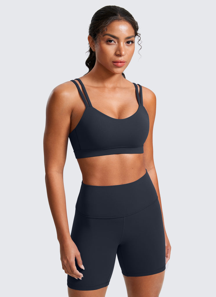 CRZ YOGA Women's Yoga Molded Cup Butterluxe Strappy Bra V Neck Coffee Brown